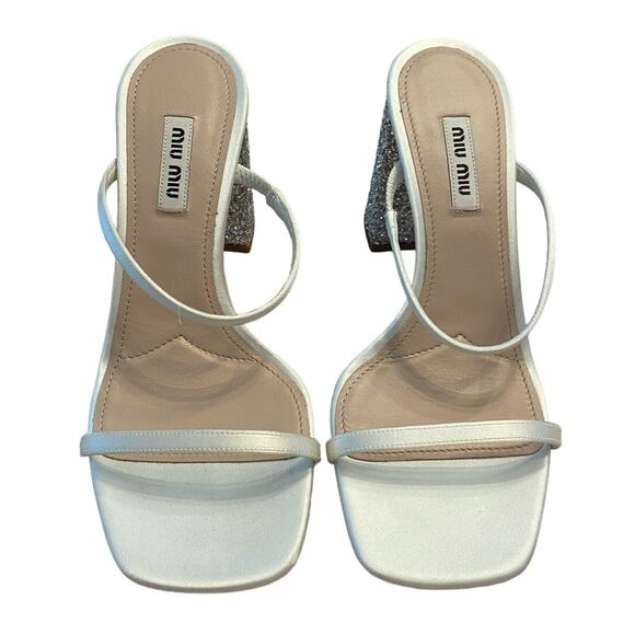 Miu Miu Forma Raso Glitter Block Heels Sandals Square Toe Bianco Argento Sz 39.5 - Picture 7 of 13